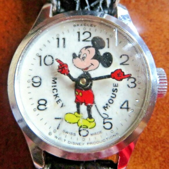 Vint 60’S BRADLEY WALT DISNEY Mickey Mouse Swiss Watch Black Leather Band Unisex main image 3